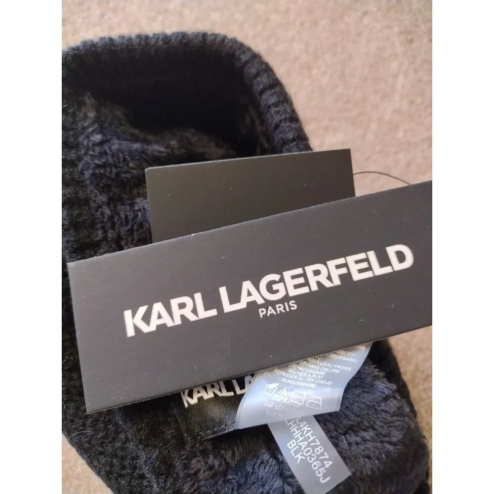 Karl Lagerfeld‎ Paris Beanie Women's One Size Black Knit Pom Rhinestone Logo